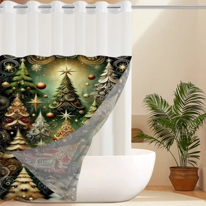 Detailed close-up of Christmas waffle shower curtain with luxury gold tree and stars pattern