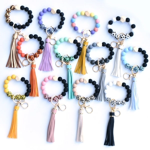 Beaded Keychain Wristlet Silicone And Wood Beads With PU Tassel Leopard Print Bracelet Key Ring For Women Men