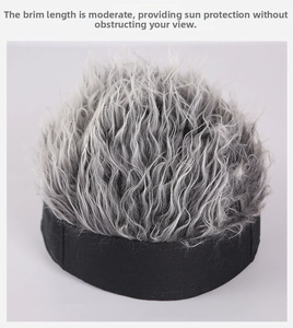Detail view of the high-quality silver synthetic curls and black cotton beanie fabric