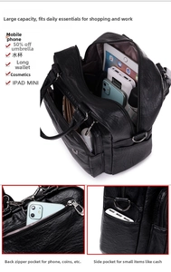 Detail view of large capacity black pebbled leather backpack with organized interior pockets