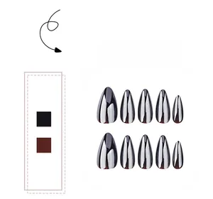Detail of short almond press-on nails with dark metallic mirror finish and glossy shine