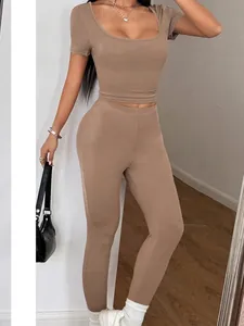Completi Casual In Maglia A Coste Da Donna Top A Maniche Corte E Leggings A Vita Alta Vestibilità Aderente Sport Yoga