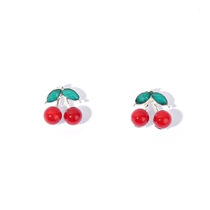 Cute red cherry stud earrings with green leaf crystals and silver metal finish