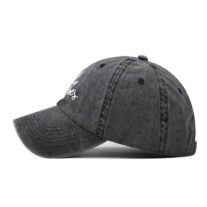 Distressed dark grey washed cotton baseball cap with Good Vibes script embroidery
