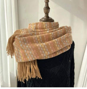 Detailed view of caramel plaid scarf with fringe tassels and soft winter texture