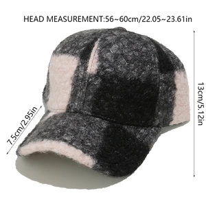 Detailed size chart for winter warm plaid baseball cap showing head measurement and brim