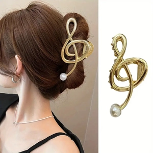 Eleganter goldener Haarklammer in Musiknoten-Form mit Perle, Tragebild und Produktansicht