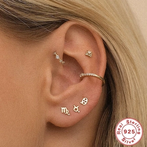 925 sterling silver gold zodiac stud earrings and ear cuff set for women with zircons