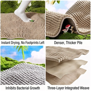 Absorbent chenille bath mat in grey and beige with a non-slip three-layer woven design
