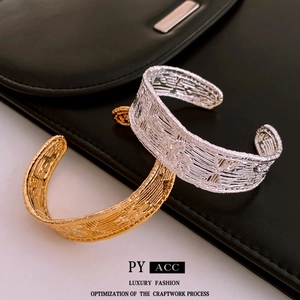 Vintage Open Cuff Bracelet Real Gold Plated Copper Mesh Texture Retro Adjustable Luxury Jewelry For Women