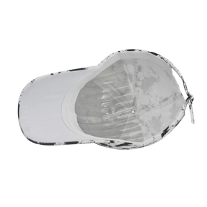 Detail view of tie-dye ponytail sun hat interior with adjustable strap and inner lining
