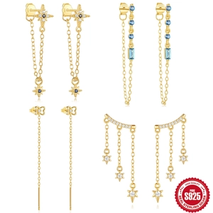 925 Sterling Silver Star Tassel Earrings For Women Gold Platinum Plated Zirconia Chain Drop Earrings Fashion Jewelry Gift