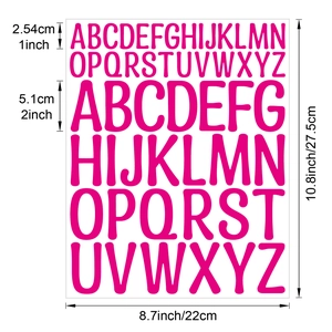Size guide for hot pink vinyl alphabet stickers in 1-inch and 2-inch height options