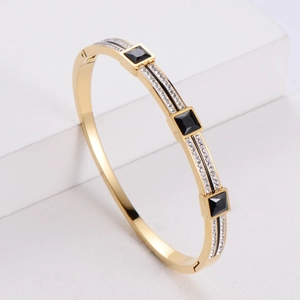 Minimalist square zircon gold-plated stainless steel bangle with black accents for women