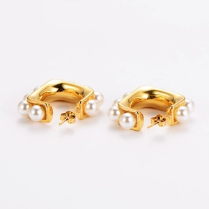Vintage style 18K gold plated rectangular C-shape hoop earrings with white pearls