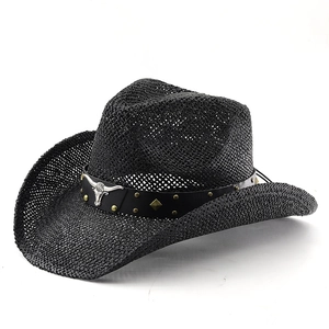 Classic black straw cowboy hat with bull head ornament and vintage studded band for sun protection