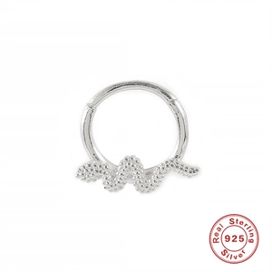 Detailed view of S925 sterling silver hoop ring with wavy diamond-set inlay design