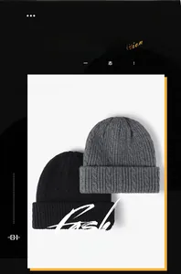 Close-up of thick knit winter beanie with cable stitch texture and folded cuff details
