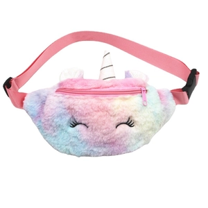 Rainbow plush unicorn waist bag for girls with soft fur and embroidery details