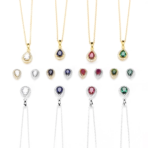 Detailed grid of double-layered teardrop zircon necklace and stud earring jewelry sets