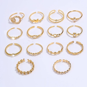 14-piece set of gold butterfly and rhinestone stainless steel rings for women