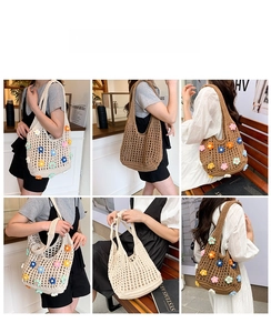 Detail view of handmade crochet floral tote bags in beige and brown with 3D flowers