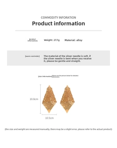 Detailed view of large gold geometric mesh earrings with 925 silver needles and alloy grid