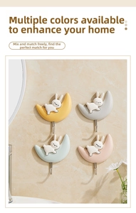 Set di quattro ganci adesivi decorativi a forma di coniglio e luna in colori pastello casa