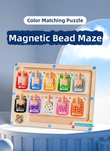 Detail of magnetic color and number sorting maze toy with wooden drifting bottle design