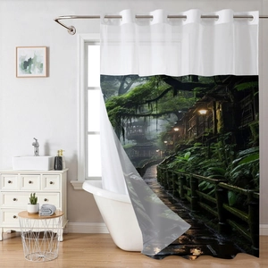 Detail view of dual-layer forest waffle shower curtain with translucent top and woodland print