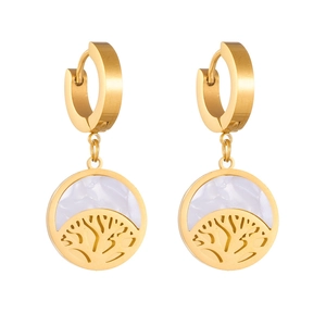 Golden hoop earrings with white mother of pearl and Tree of Life pendant design