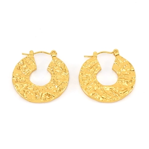 Vintage golden stainless steel hoop earrings with elegant hammered texture and round design
