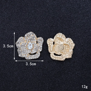Golden camellia flower charm with white rhinestones and water-drop center, size 3.5cm