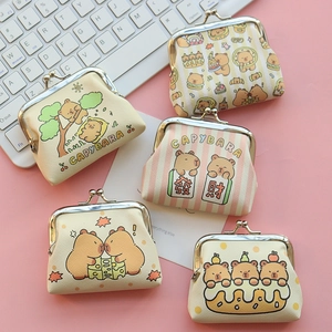 Capybara Cartoon Coin Purse PU Leather Mini Earphone Pouch Kiss Lock Closure Cute Animal Pattern Storage Bag