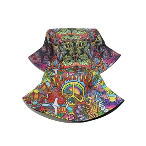 Reversible psychedelic fisherman bucket hat with colorful hippie patterns and flower power art