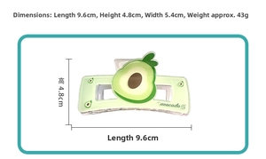 Spécifications de taille de la pince à cheveux avocat vert montrant 9,6 cm de long