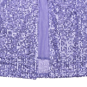 Close-up of purple sequin fabric showing detailed texture and stitching for the dress