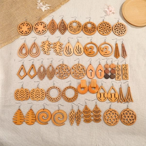 Wooden Earrings Hollow Geometric Cutout Design With Metal Hooks Bohemian Vintage Ethnic Jewelry For Women