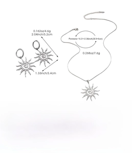 Detailed size specifications for the stainless steel sun spiral necklace and earring set