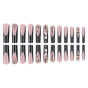 Long square black French press-on nails with luxury sparkling rhinestone accents