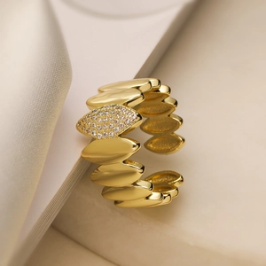 Minimalist 18K gold plated zircon geometric open ring for women in elegant studio setting