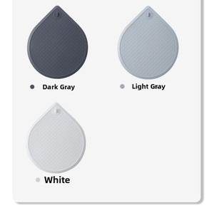 Dettaglio dei copriscarichi in silicone nei colori grigio scuro, grigio e bianco
