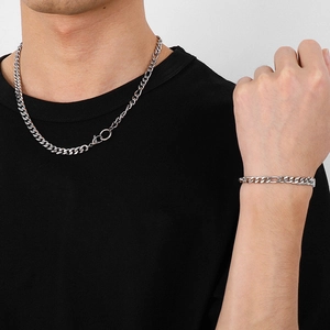 Silver Figaro chain necklace and bracelet set for men in minimalist titanium steel design