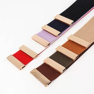 Close-up of elastic waist belts in nine colors with rectangular golden metal buckles