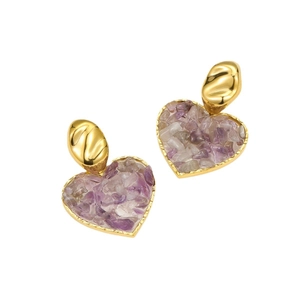 18K gold heart-shaped stud earrings with purple and white natural stones on white background
