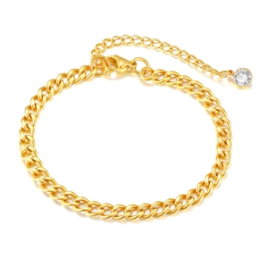 Golden stainless steel Cuban chain bracelet for women with zircon drop charm and extension