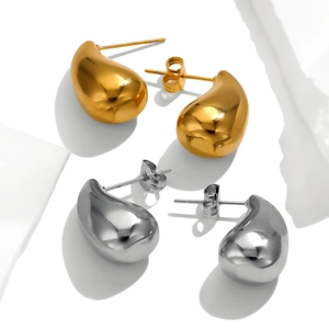 Minimalist 18K gold and silver water drop stud earrings in polished stainless steel