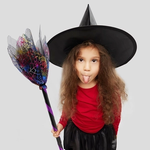 Halloween witch costume set for girls with pointed hat, red top and light-up tulle broom