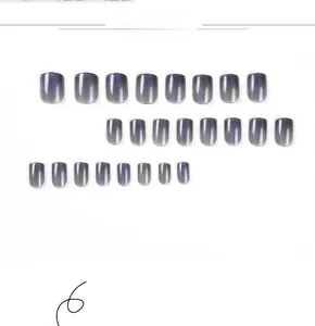 Macro shot of 24pcs short square-oval press-on nails with purple-grey cat eye shimmer effect