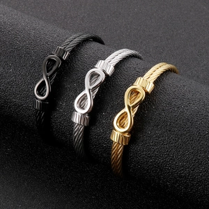 Infinity braided stainless steel cable bracelets in black, silver, and gold finishes